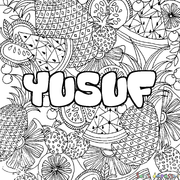 Coloriage pr&eacute;nom YUSUF - d&eacute;cor Mandala fruits