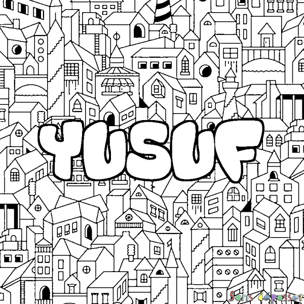Coloriage pr&eacute;nom YUSUF - d&eacute;cor Ville