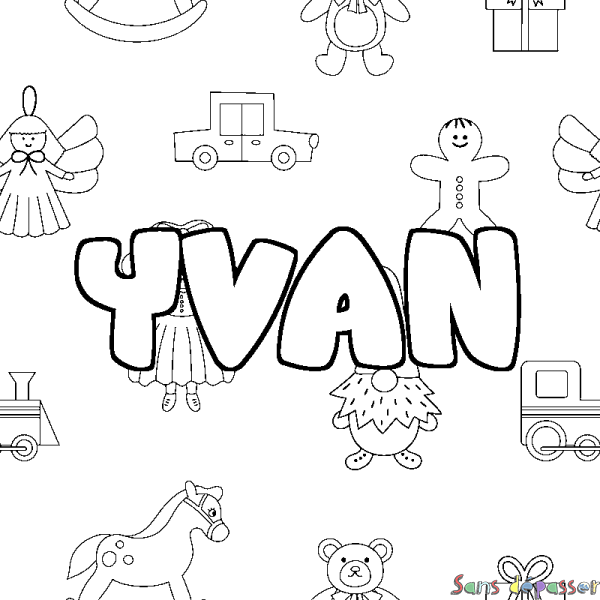 Coloriage pr&eacute;nom YVAN - d&eacute;cor Jouets