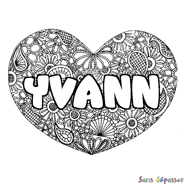 Coloriage pr&eacute;nom YVANN - d&eacute;cor Mandala coeur
