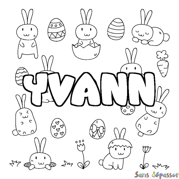 Coloriage pr&eacute;nom YVANN - d&eacute;cor Paques
