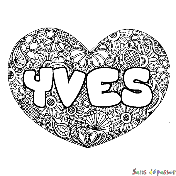 Coloriage pr&eacute;nom YVES - d&eacute;cor Mandala coeur