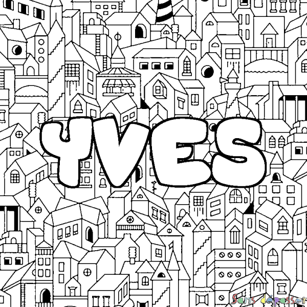 Coloriage pr&eacute;nom YVES - d&eacute;cor Ville