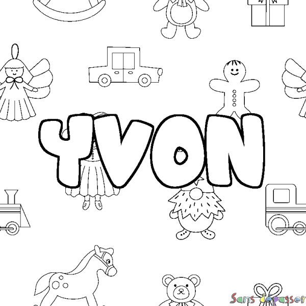 Coloriage pr&eacute;nom YVON - d&eacute;cor Jouets