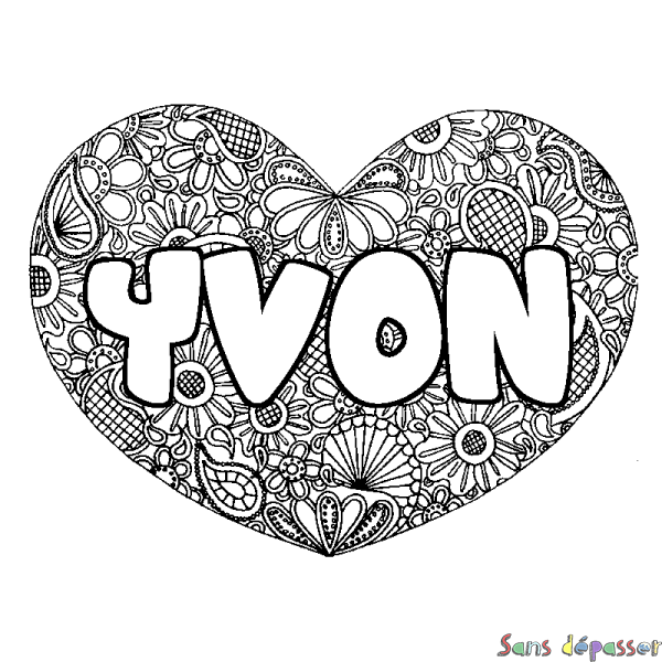 Coloriage pr&eacute;nom YVON - d&eacute;cor Mandala coeur