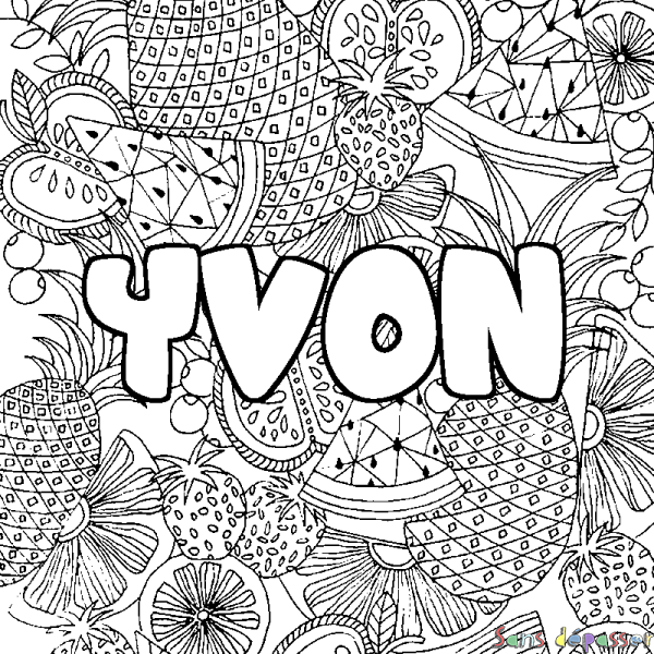 Coloriage pr&eacute;nom YVON - d&eacute;cor Mandala fruits