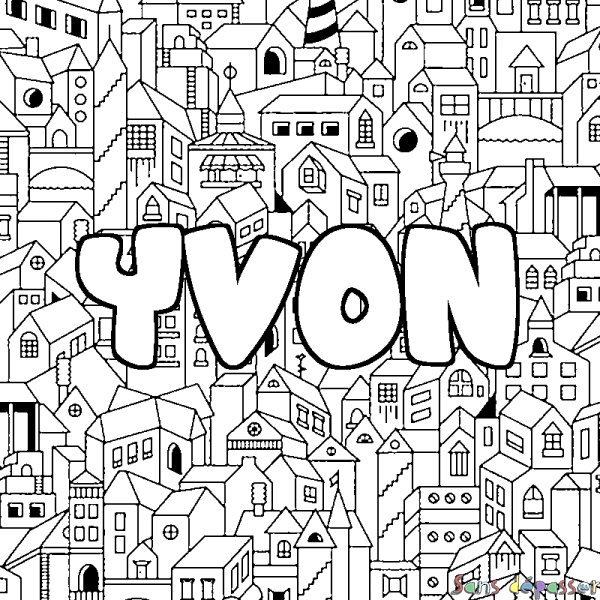Coloriage pr&eacute;nom YVON - d&eacute;cor Ville