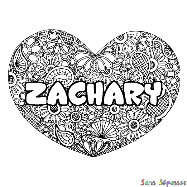 Coloriage prénom ZACHARY - d&eacute;cor Mandala coeur