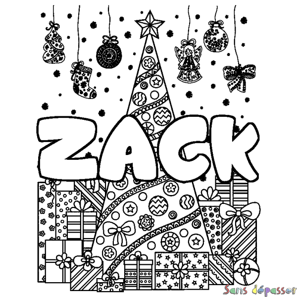 Coloriage prénom ZACK - d&eacute;cor Sapin et Cadeaux