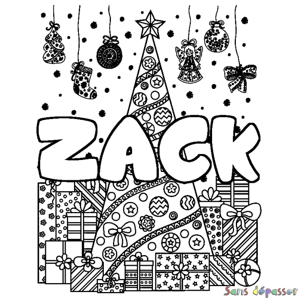 Coloriage pr&eacute;nom ZACK - d&eacute;cor Sapin et Cadeaux