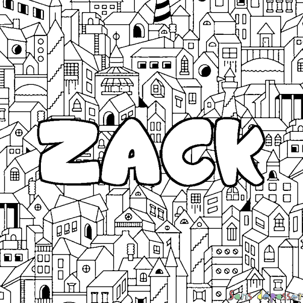Coloriage pr&eacute;nom ZACK - d&eacute;cor Ville