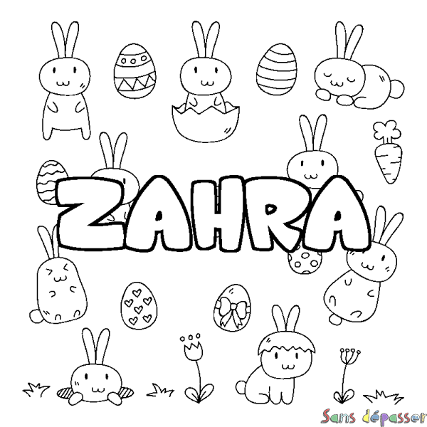 Coloriage pr&eacute;nom ZAHRA - d&eacute;cor Paques