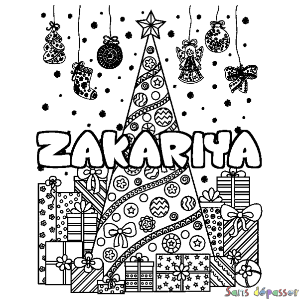 Coloriage pr&eacute;nom ZAKARIYA - d&eacute;cor Sapin et Cadeaux