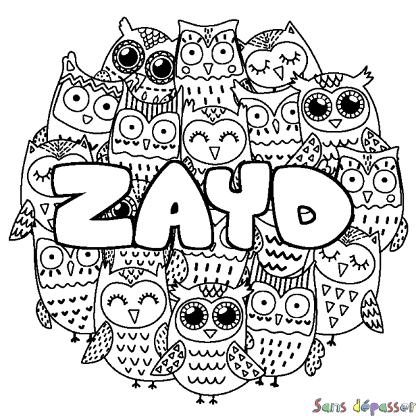 Coloriage pr&eacute;nom ZAYD - d&eacute;cor Chouettes