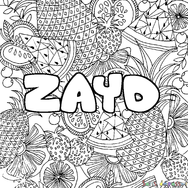 Coloriage pr&eacute;nom ZAYD - d&eacute;cor Mandala fruits