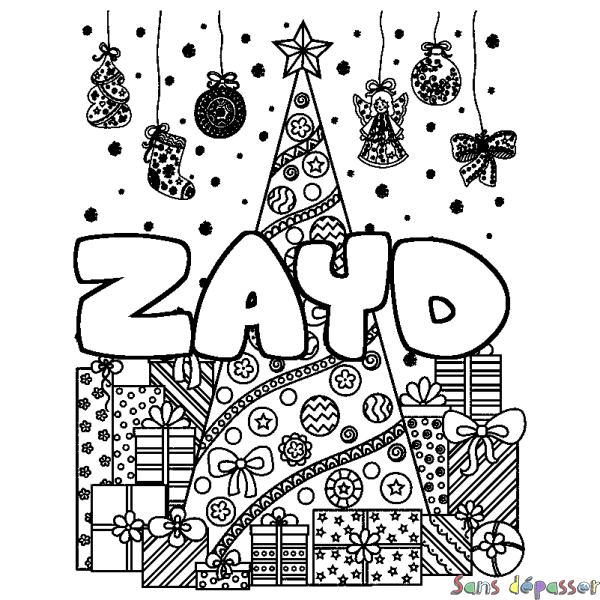 Coloriage pr&eacute;nom ZAYD - d&eacute;cor Sapin et Cadeaux