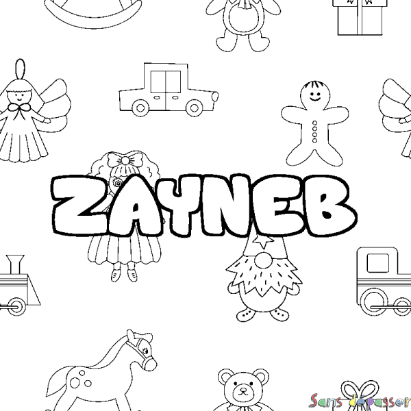 Coloriage pr&eacute;nom ZAYNEB - d&eacute;cor Jouets