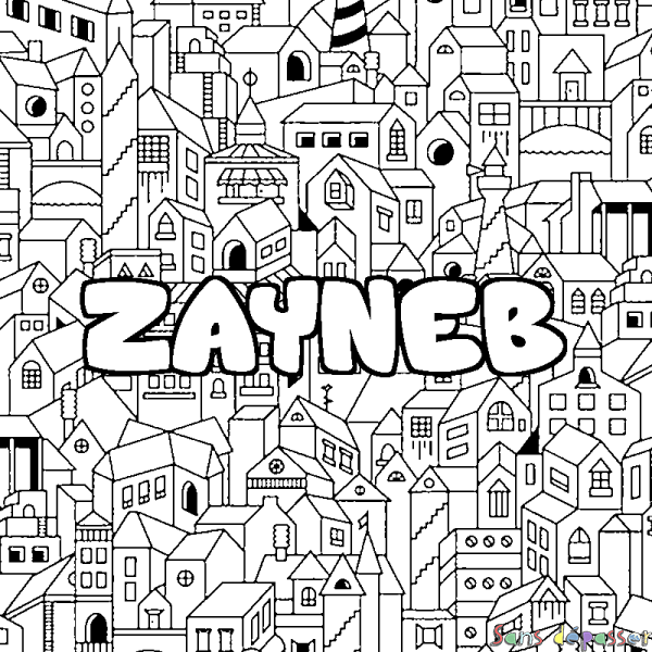 Coloriage pr&eacute;nom ZAYNEB - d&eacute;cor Ville