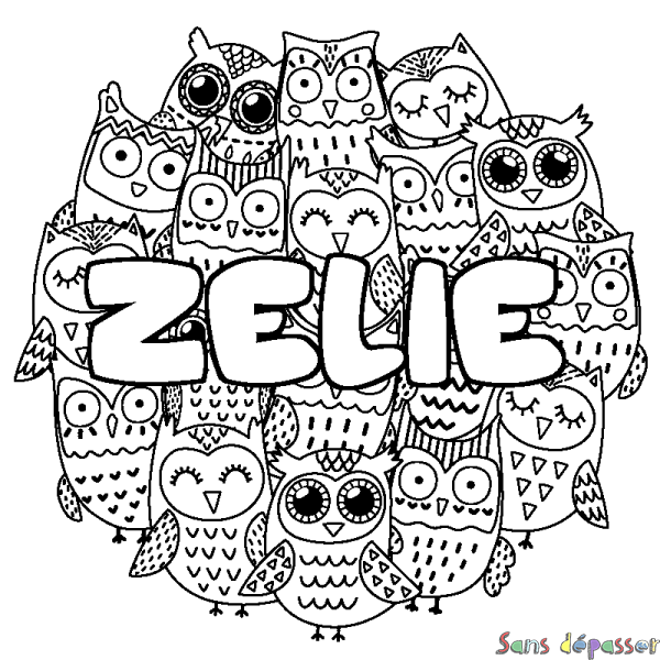 Coloriage pr&eacute;nom ZELIE - d&eacute;cor Chouettes