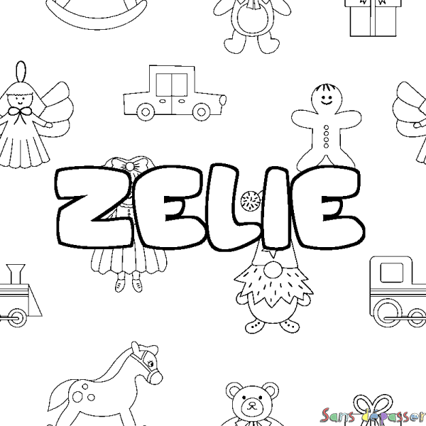 Coloriage pr&eacute;nom ZELIE - d&eacute;cor Jouets