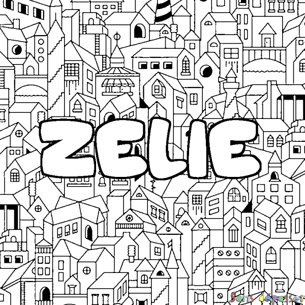 Coloriage prénom ZELIE - d&eacute;cor Ville