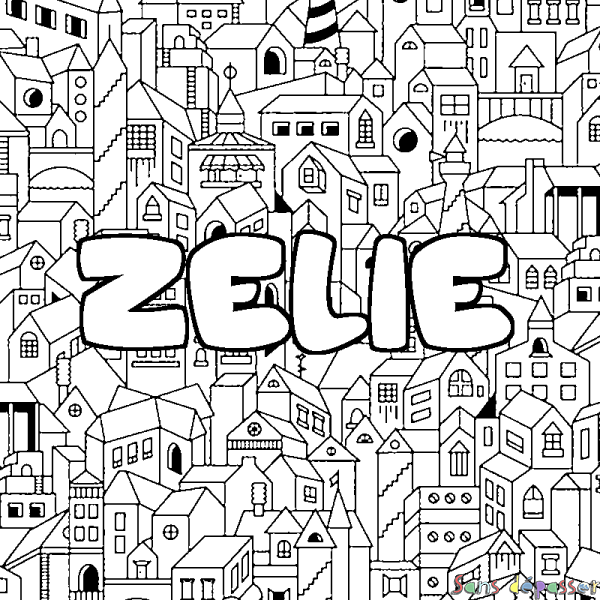 Coloriage pr&eacute;nom ZELIE - d&eacute;cor Ville