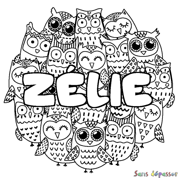 Coloriage pr&eacute;nom Z&Eacute;LIE - d&eacute;cor Chouettes