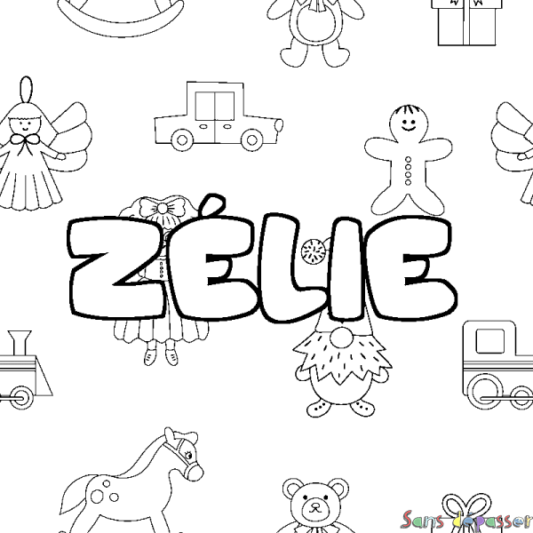 Coloriage pr&eacute;nom Z&Eacute;LIE - d&eacute;cor Jouets