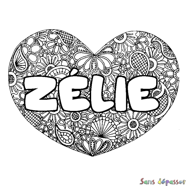 Coloriage pr&eacute;nom Z&Eacute;LIE - d&eacute;cor Mandala coeur