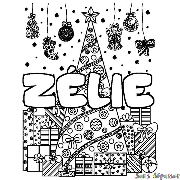 Coloriage pr&eacute;nom Z&Eacute;LIE - d&eacute;cor Sapin et Cadeaux