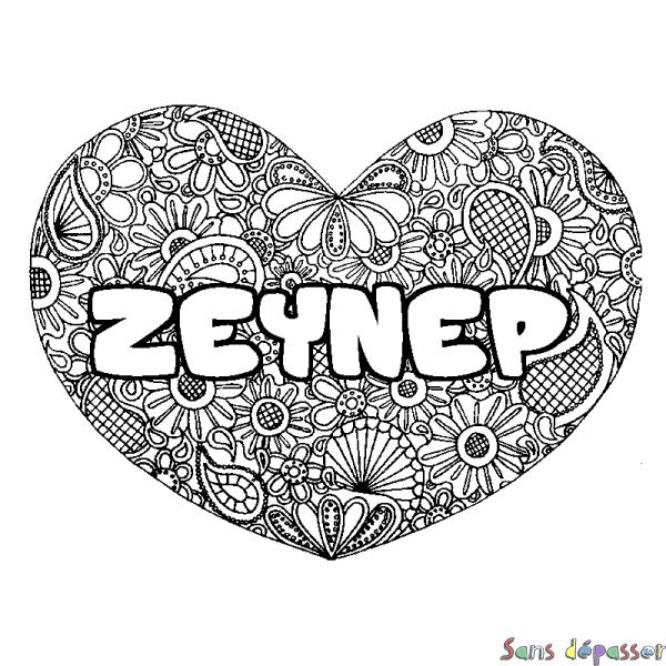 Coloriage pr&eacute;nom ZEYNEP - d&eacute;cor Mandala coeur
