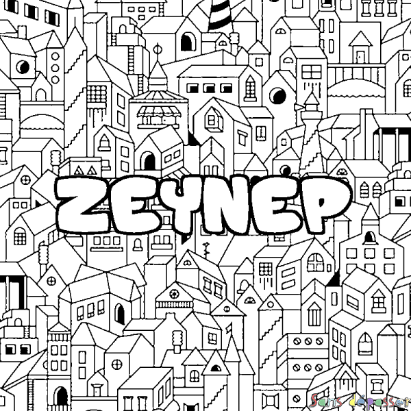 Coloriage pr&eacute;nom ZEYNEP - d&eacute;cor Ville
