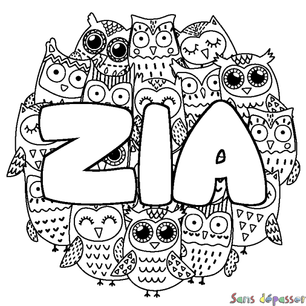 Coloriage pr&eacute;nom ZIA - d&eacute;cor Chouettes