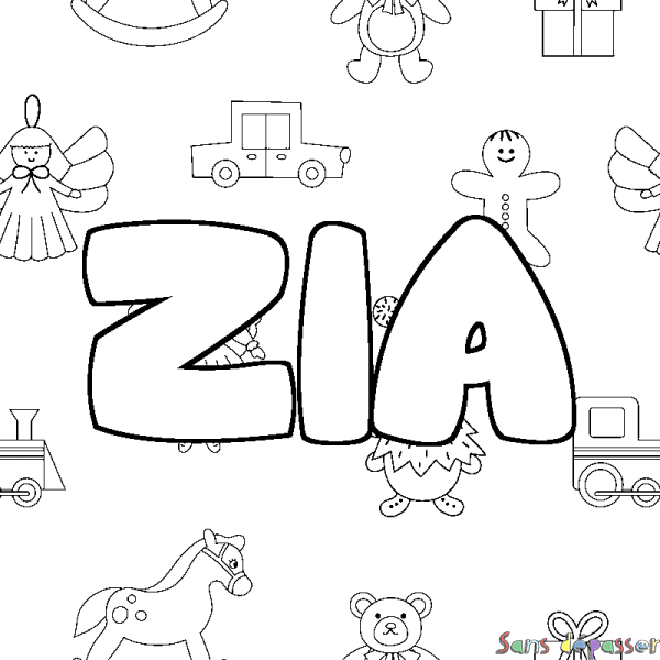 Coloriage pr&eacute;nom ZIA - d&eacute;cor Jouets