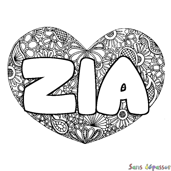 Coloriage pr&eacute;nom ZIA - d&eacute;cor Mandala coeur
