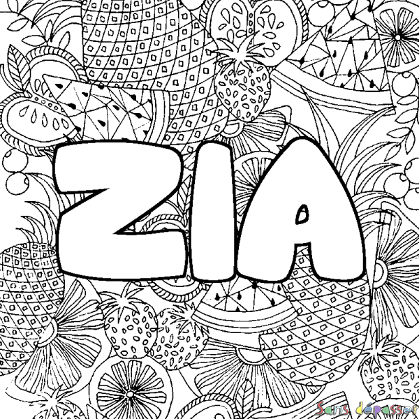 Coloriage pr&eacute;nom ZIA - d&eacute;cor Mandala fruits