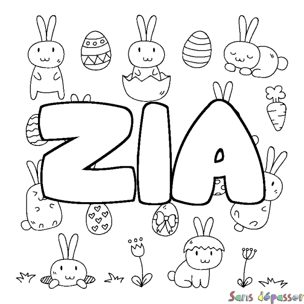 Coloriage pr&eacute;nom ZIA - d&eacute;cor Paques