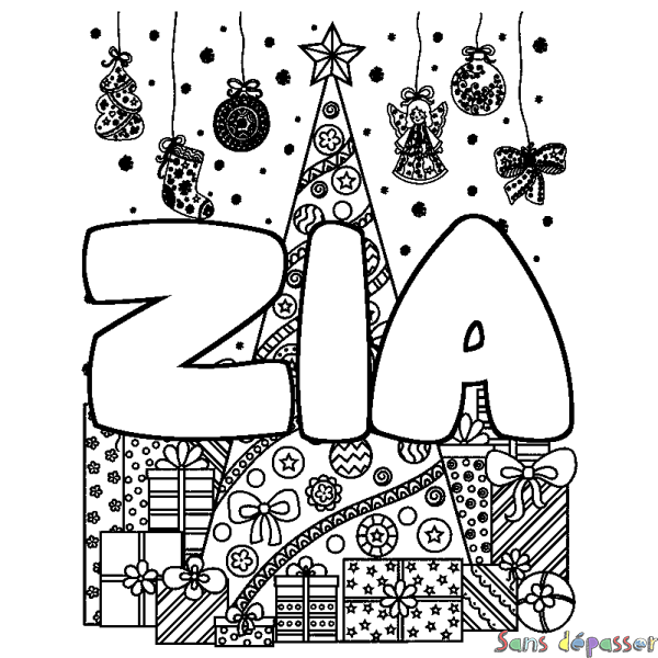 Coloriage pr&eacute;nom ZIA - d&eacute;cor Sapin et Cadeaux