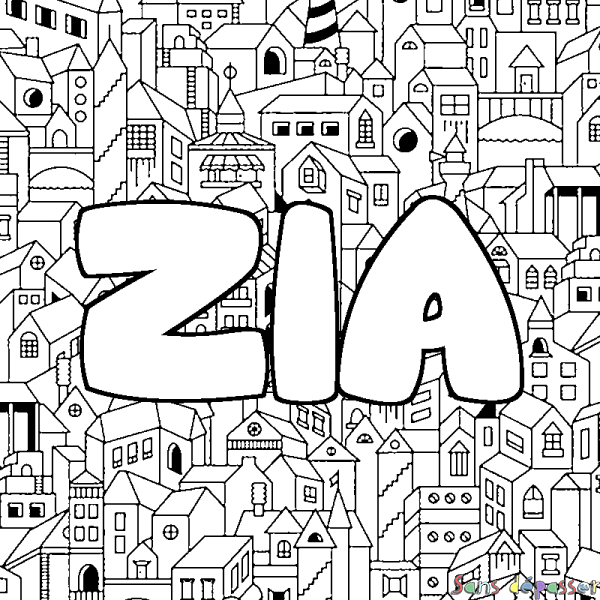 Coloriage pr&eacute;nom ZIA - d&eacute;cor Ville
