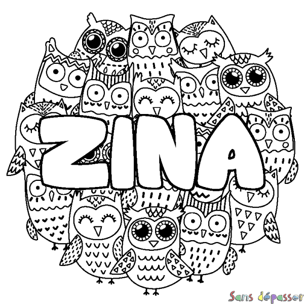 Coloriage prénom ZINA - d&eacute;cor Chouettes