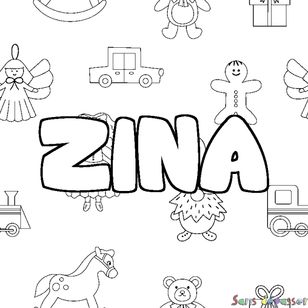 Coloriage pr&eacute;nom ZINA - d&eacute;cor Jouets