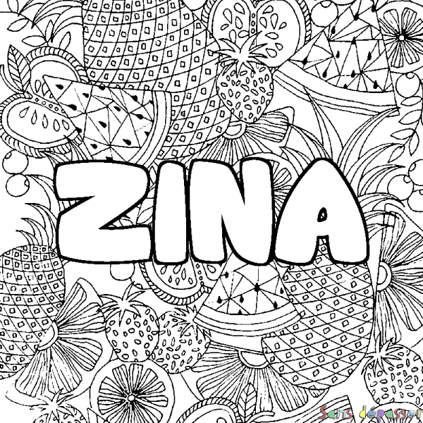 Coloriage pr&eacute;nom ZINA - d&eacute;cor Mandala fruits