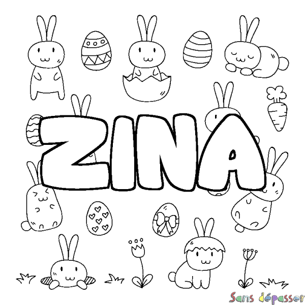 Coloriage pr&eacute;nom ZINA - d&eacute;cor Paques