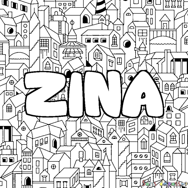 Coloriage prénom ZINA - d&eacute;cor Ville
