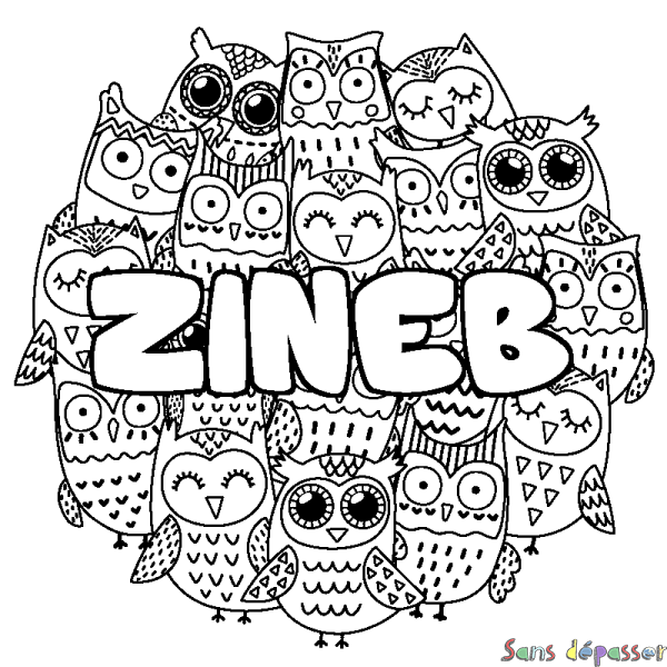Coloriage pr&eacute;nom ZINEB - d&eacute;cor Chouettes