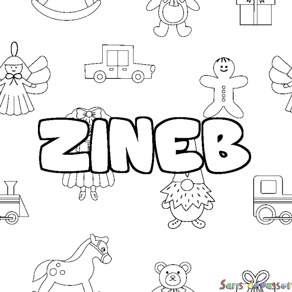Coloriage pr&eacute;nom ZINEB - d&eacute;cor Jouets