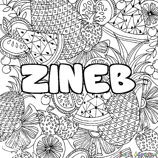 Coloriage pr&eacute;nom ZINEB - d&eacute;cor Mandala fruits