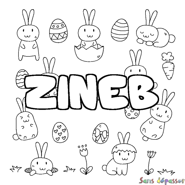 Coloriage pr&eacute;nom ZINEB - d&eacute;cor Paques