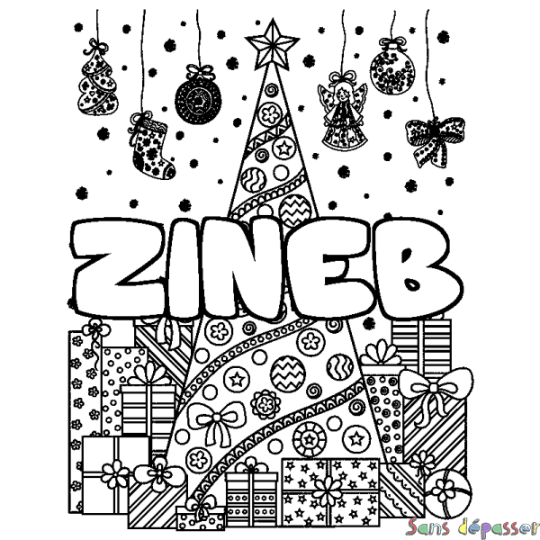 Coloriage prénom ZINEB - d&eacute;cor Sapin et Cadeaux