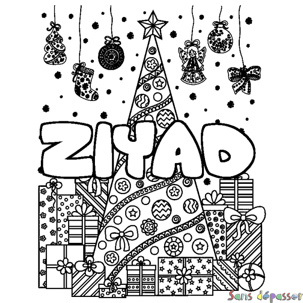 Coloriage prénom ZIYAD - d&eacute;cor Sapin et Cadeaux